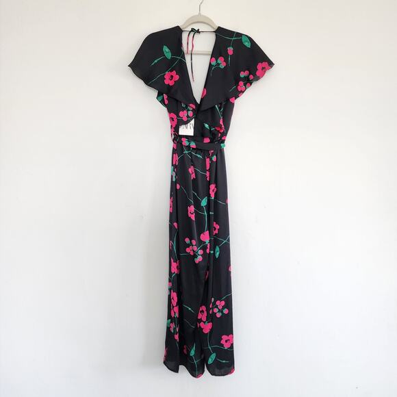 Zara Satin Effect Black & Pink Floral Jumpsuit Ruffle V-Neck Size Small - Picture 4 of 8